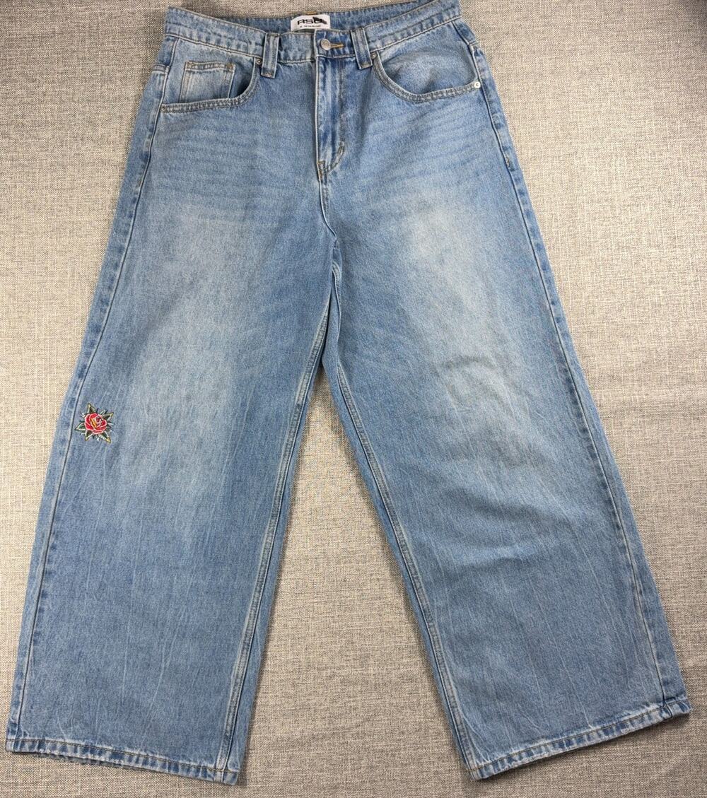 RSQ Low Rise Ultra Baggy Jeans Womens 29 Custom Rose Embroidered Light Wash